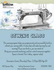 Sewing Class | Thursdays | 10AM - 2PM | Generations Center 450 Spartan Way | 50+ | $5