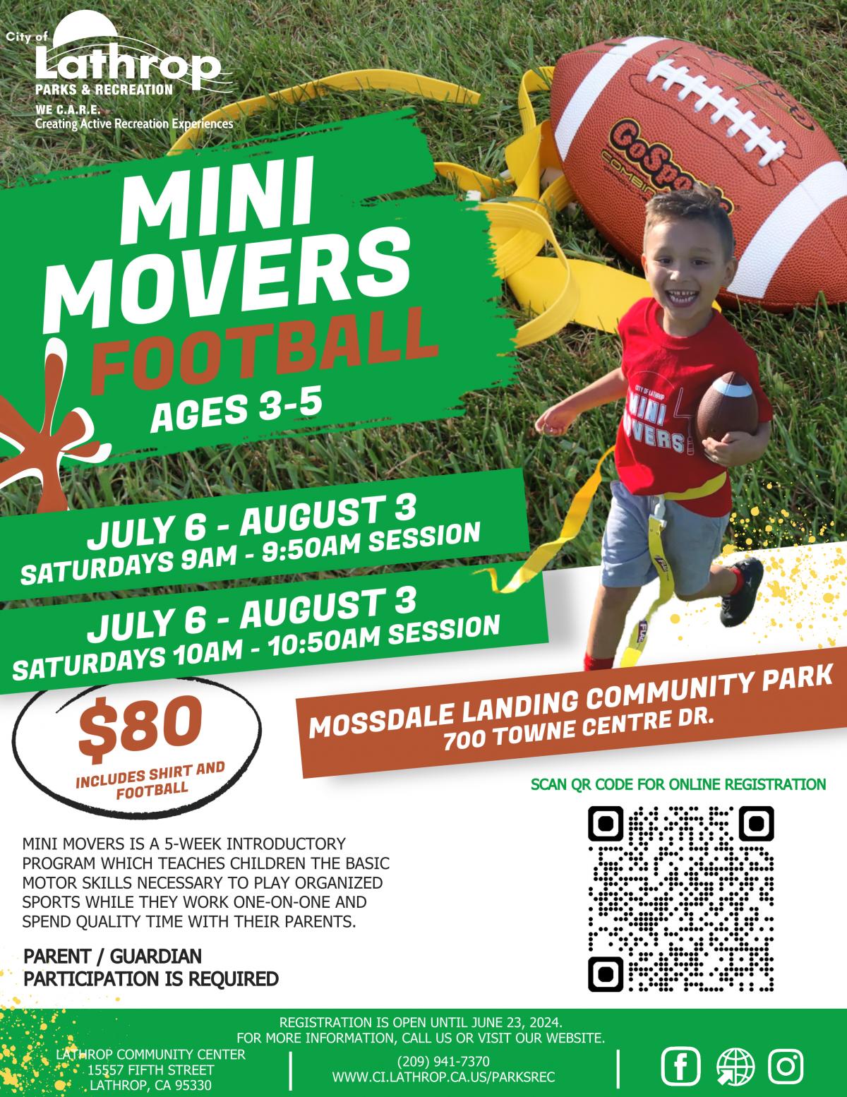Mini Movers Flag Football | Saturdays Jul 6 - Aug 3 | Mossdale Landing Community Park 700 Towne Centre Dr. | $80 | Ages 3-5
